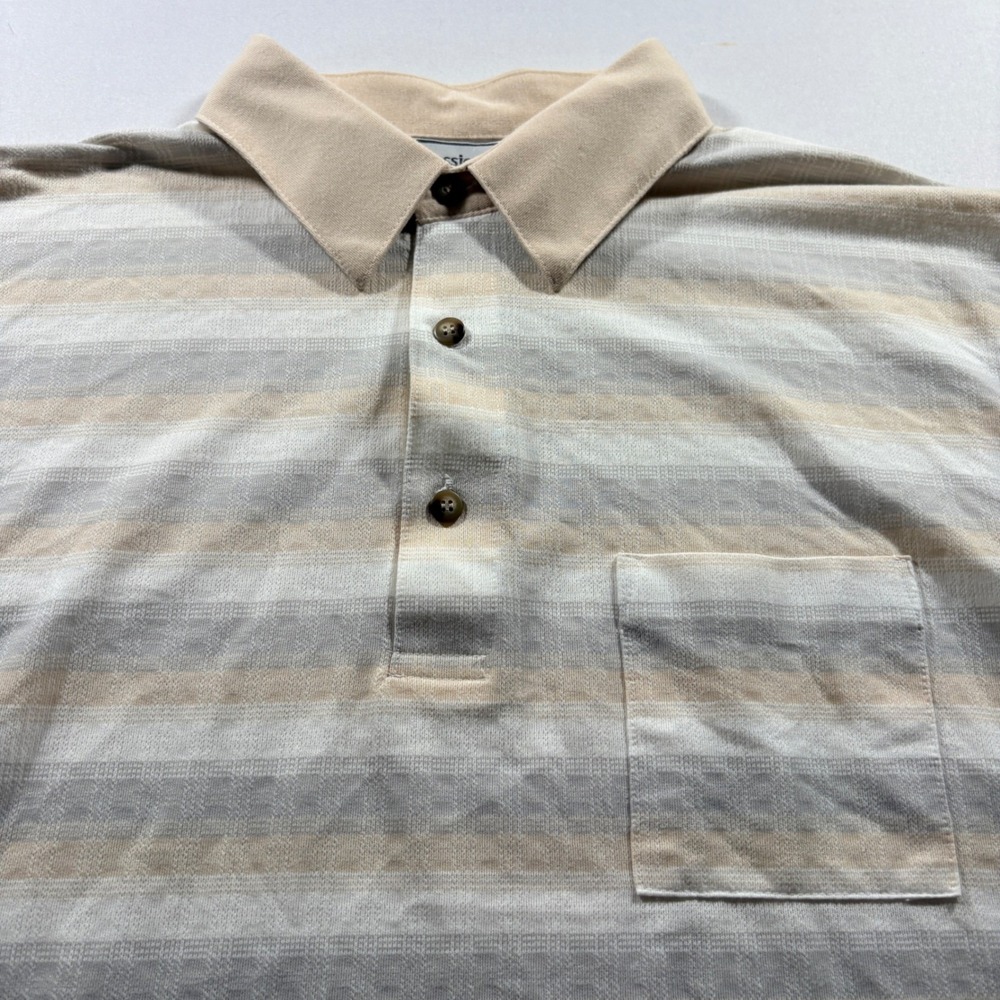 Classics by Palmland Polo Shirt Mens XL Tan Beige Striped Short Slv Pocket Golf